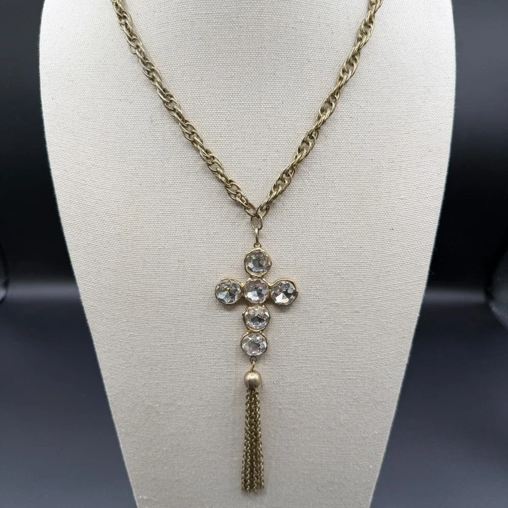 Crystal Rhinestone Cross Pendant Necklace Gold Tone Chain Tassel Statement Gift